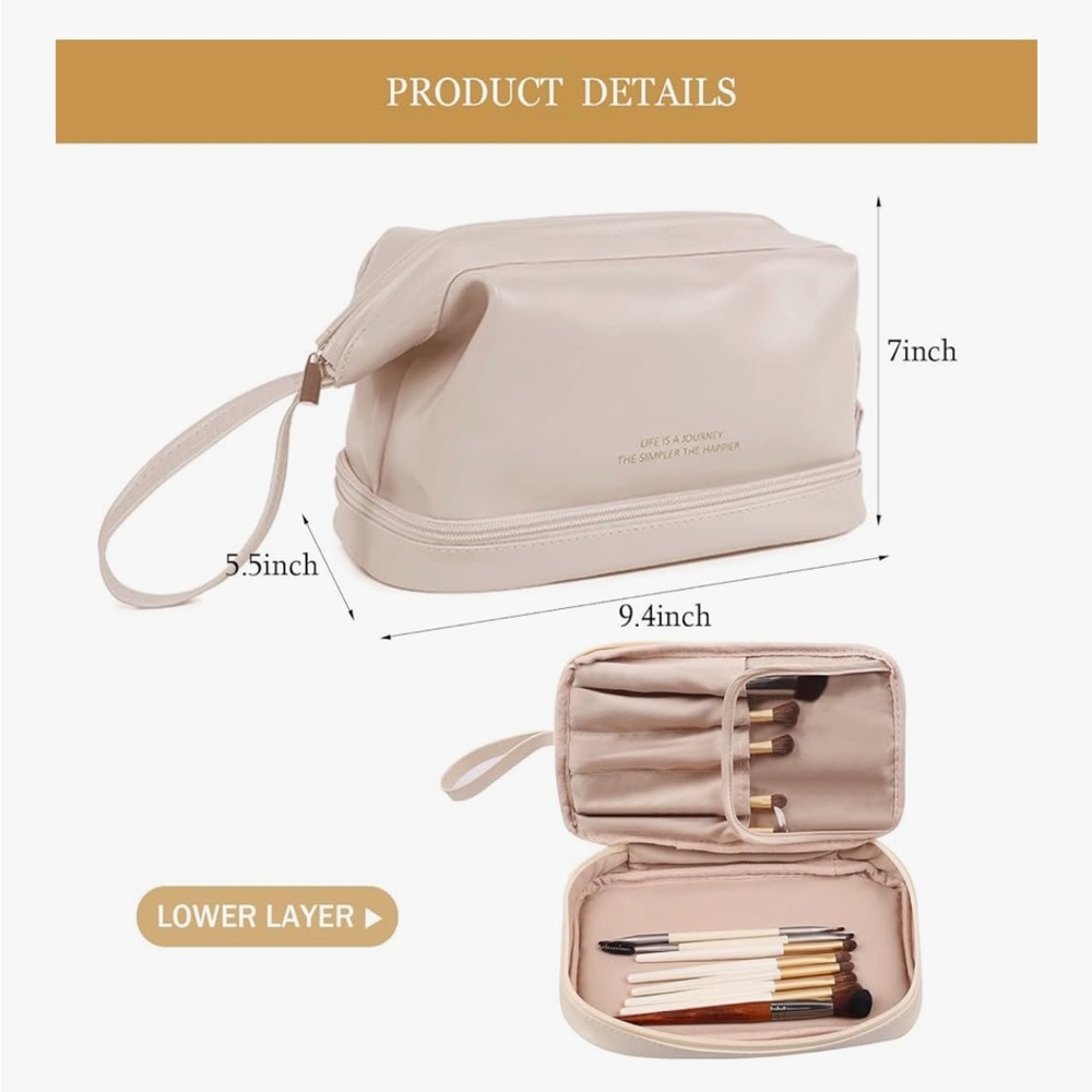 Beige Women's Cosmetic Bag with Dual Compartments and Wrist Strap - Picture 2 of 6